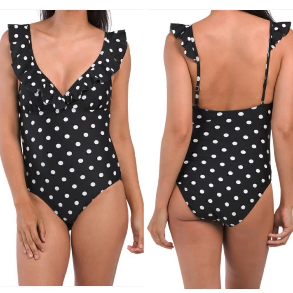 NWT Tahari Polka Dot Ruffle Surplice One-piece Swimsuit Black White Women's L